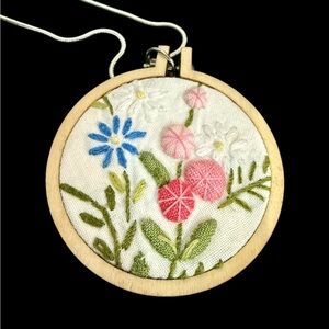 Cross Stitch Floral Pendant on 24" Sterling Silver‎ Chain Handmade Art Necklace